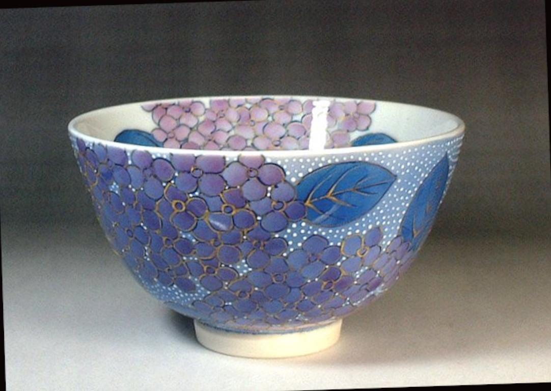 Meiji Contemporary Japanese Blue Gray Gold Porcelain Matcha Tea Cup by Master Artist For Sale