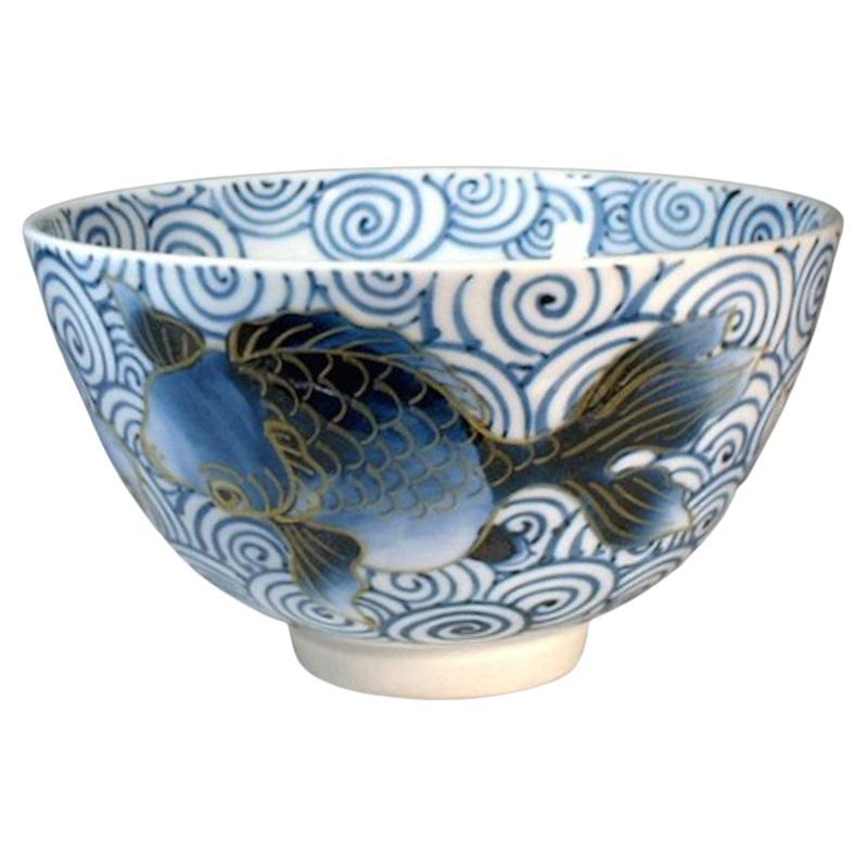 Contemporary Japanese Blue Gray Gold Porcelain Matcha Tea Cup by Master Artist For Sale