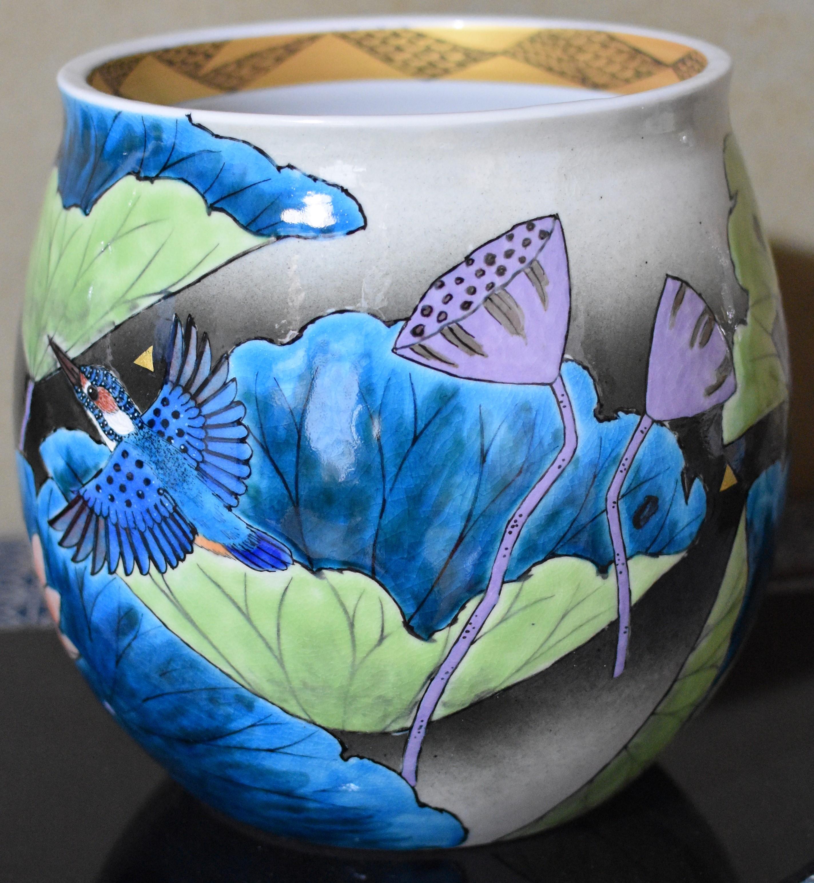 Meiji Contemporary Japanese Blue Green Black Porcelain Vase by Master Artist