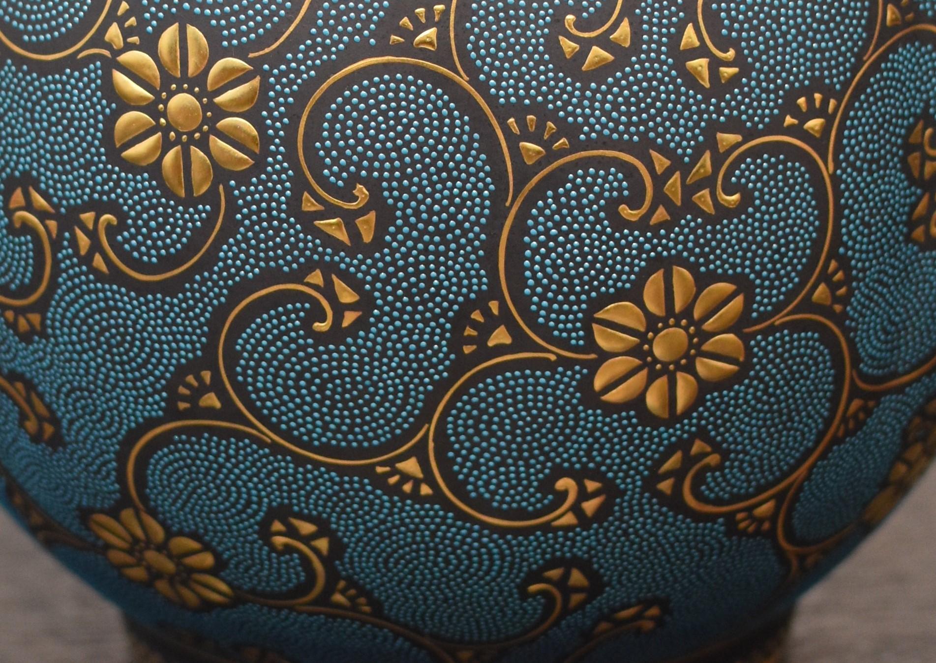 Gilt Contemporary Japanese Blue Pure Gold Porcelain Vase by Kutani Master Artist