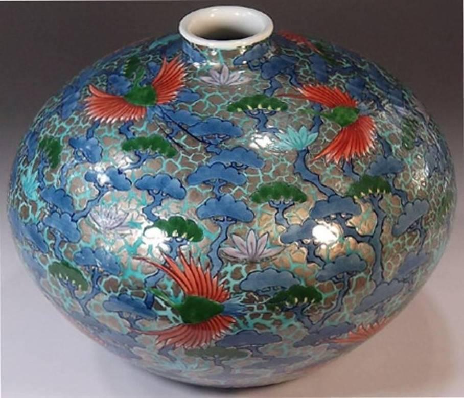 Gilt Japanese Red Gold Platinum Blue Porcelain Vase by Contemporary Master Artist