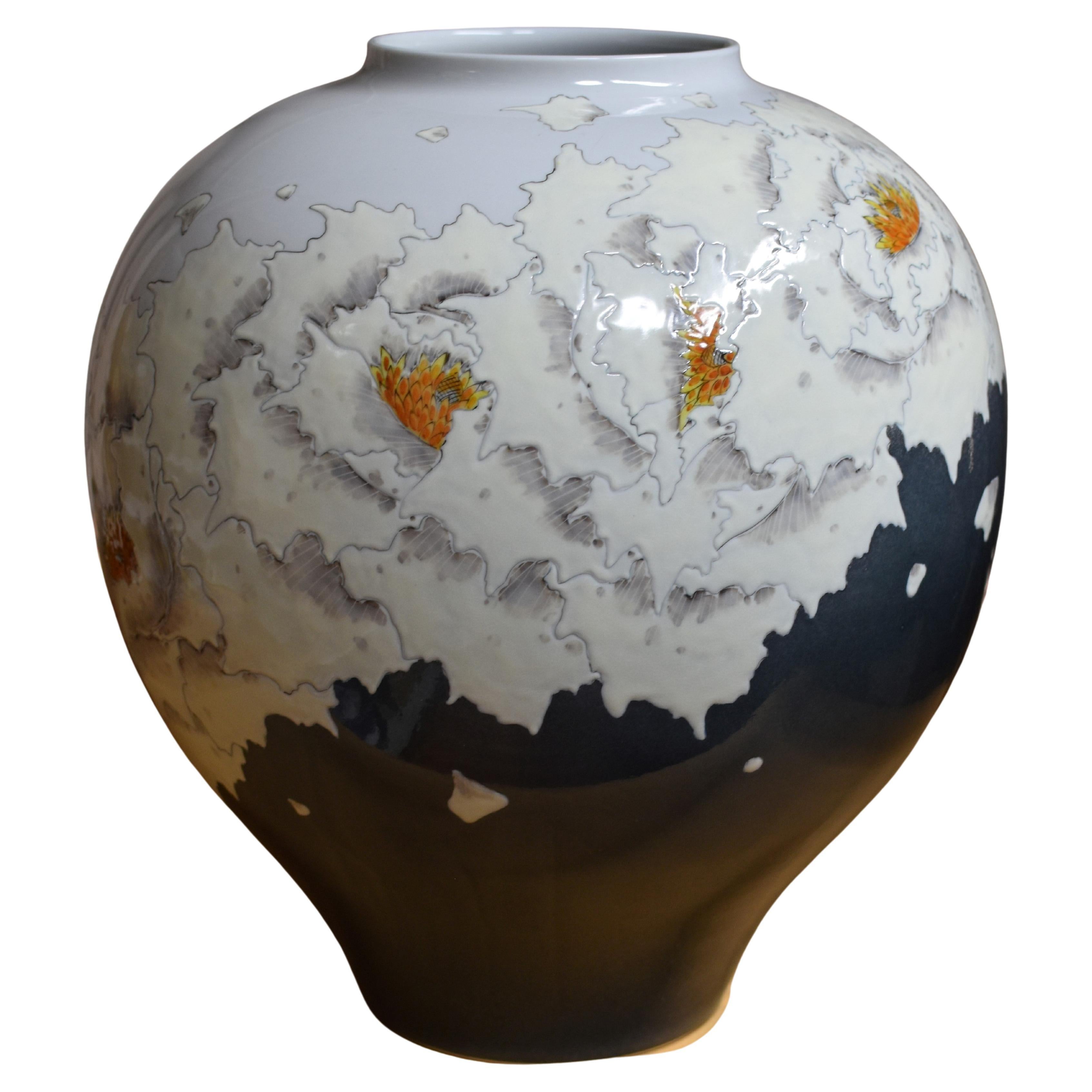 Hand-Painted Contemporary Japanese Cream Black White Porcelain Vase by Master Artist For Sale