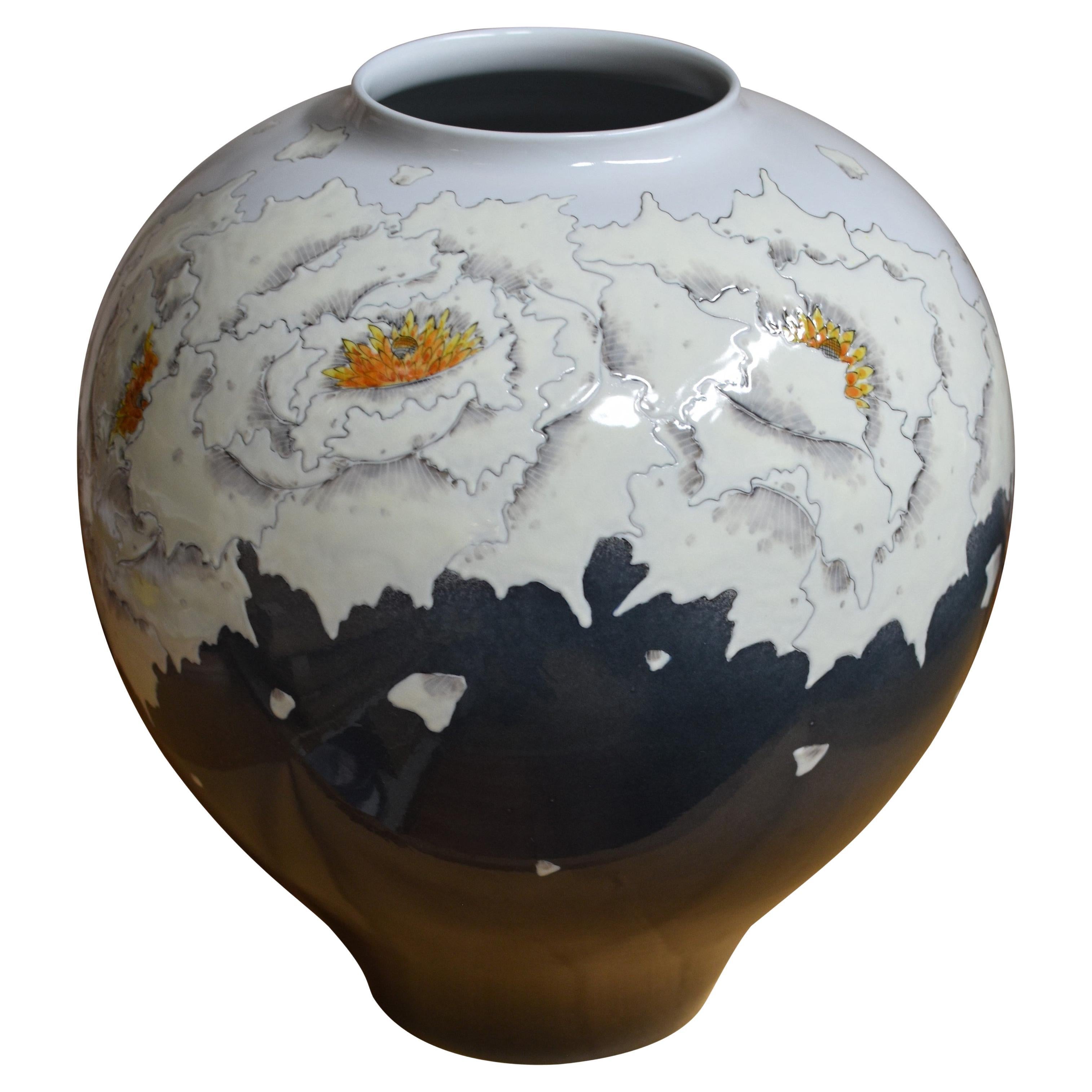 Contemporary Japanese Cream Black White Porcelain Vase by Master Artist For Sale