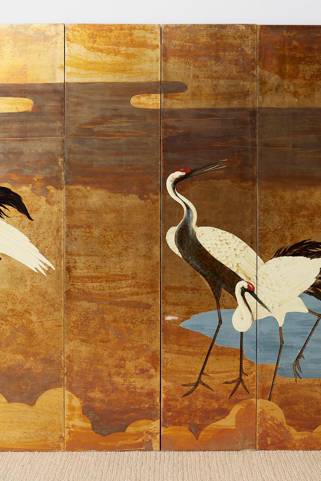 Zeitgenössischer japanischer Acht-Panel-Kranich-Landschaftsbildschirm (Ebonisiert)
