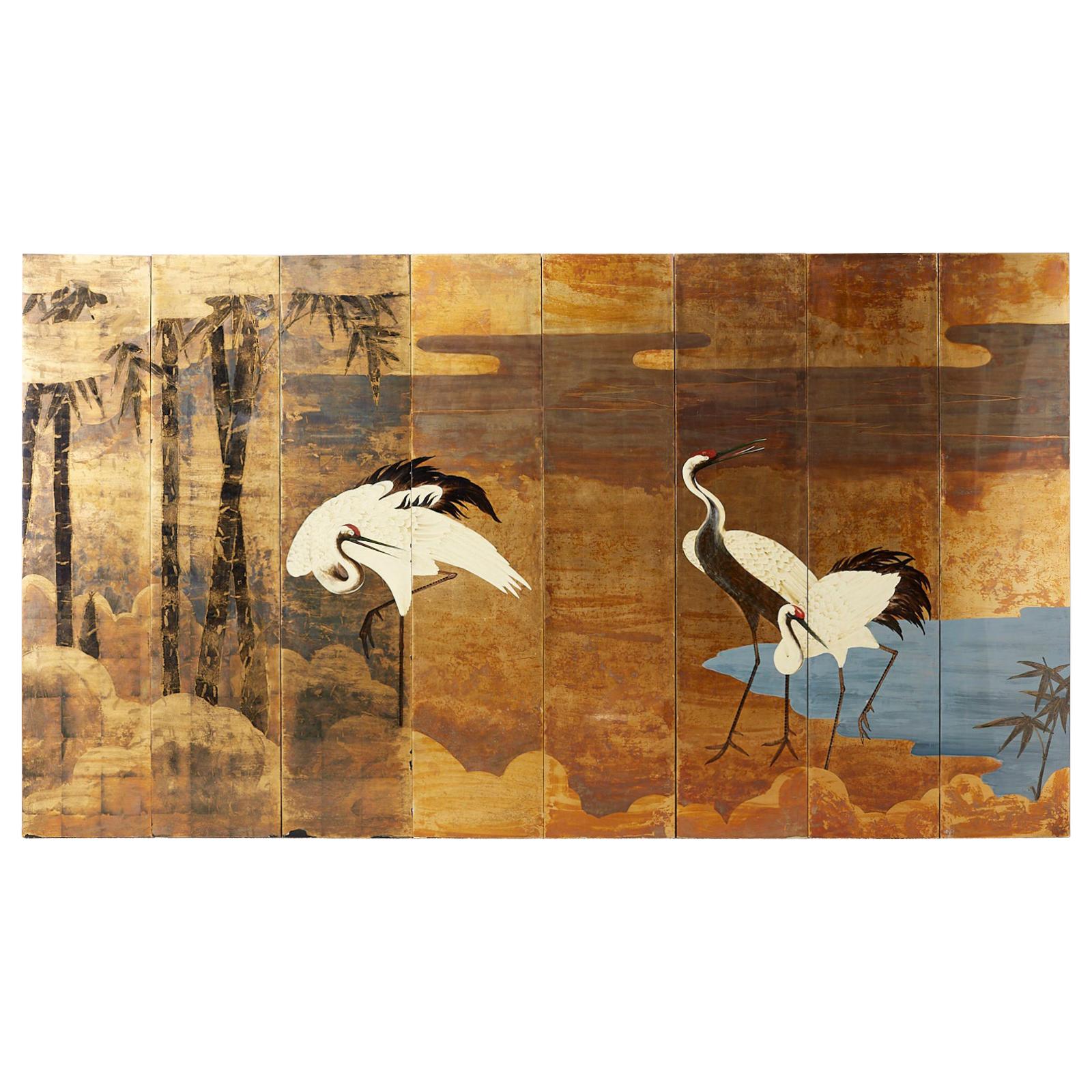 Contemporary Japanese Eight Panel Crane Landscape Screen