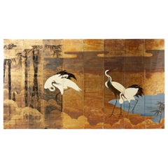 Vintage Contemporary Japanese Eight Panel Crane Landscape Screen