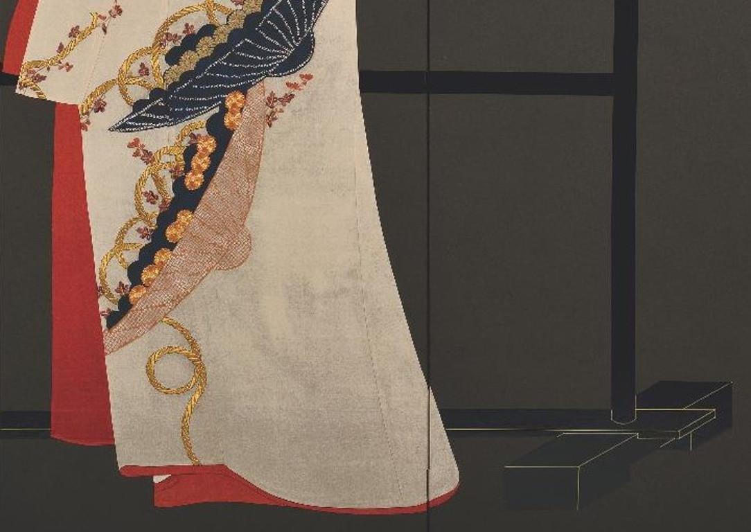Meiji Contemporary Japanese Folding Screen Red Black Gilded Silk Raised Kimono Art For Sale