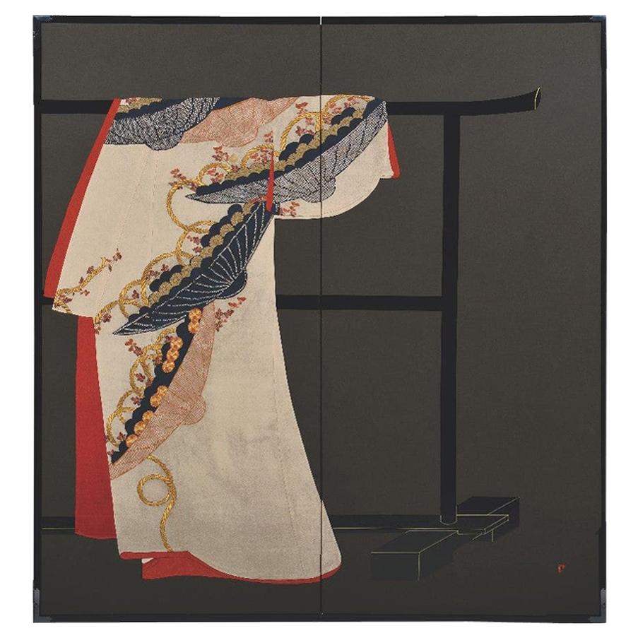 Contemporary Japanese Folding Screen Red Black Gilded Silk Raised Kimono Art For Sale