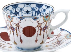 Contemporary Japanese Gilded Blue Red Hand Painted Porcelain Cup and Saucer