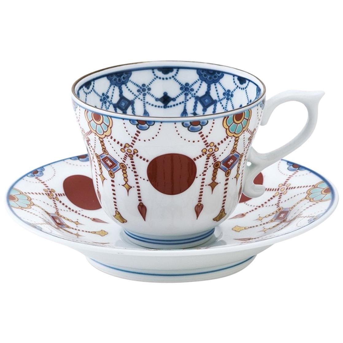 Contemporary Japanese Gilded Blue Red Hand Painted Porcelain Cup and Saucer