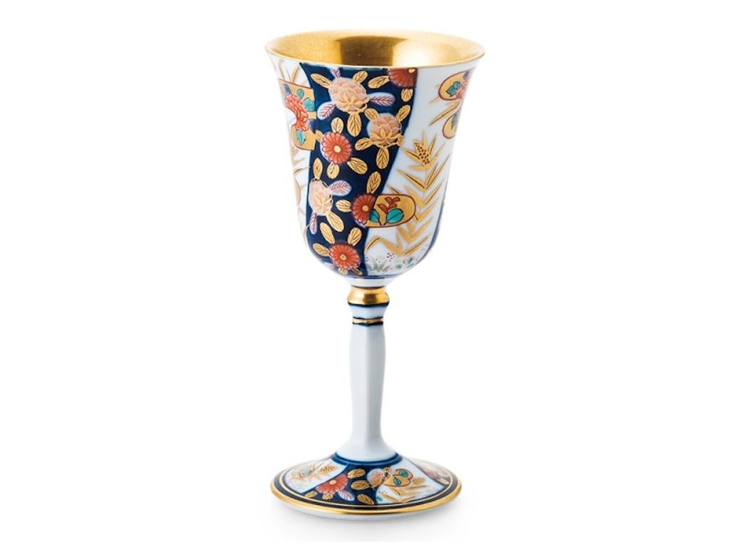 Meiji Contemporary Japanese Gold Red Blue Porcelain Long Stem Cup, 2 For Sale