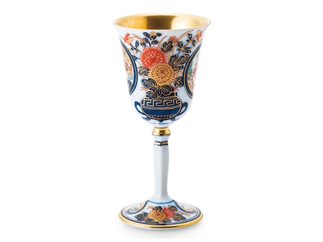 Contemporary Japanese Gold Red Blue Porcelain Long Stem Cup, 2 For Sale 1