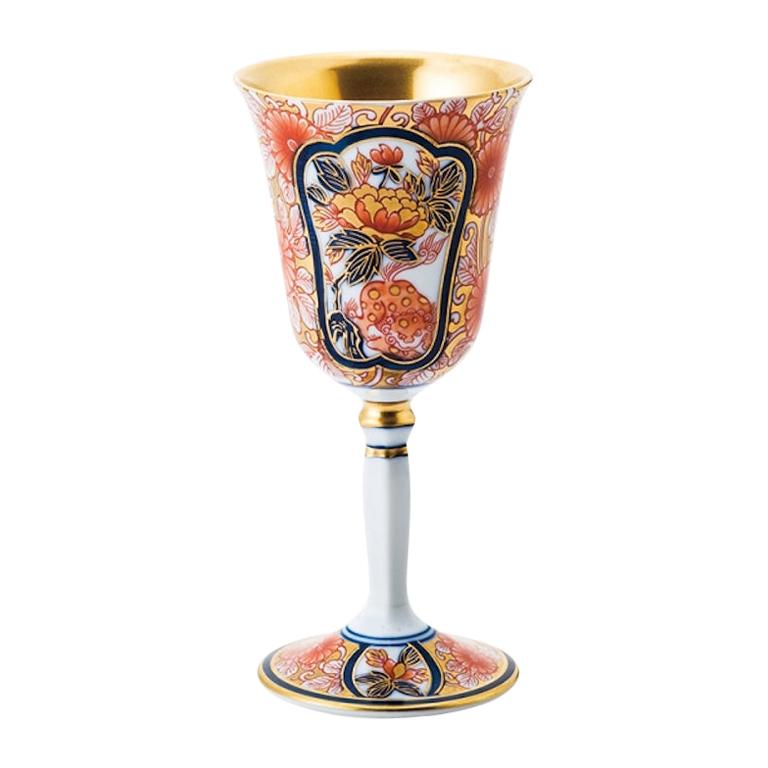 Contemporary Japanese Gold Red Blue Porcelain Long Stem Cup, 2 For Sale