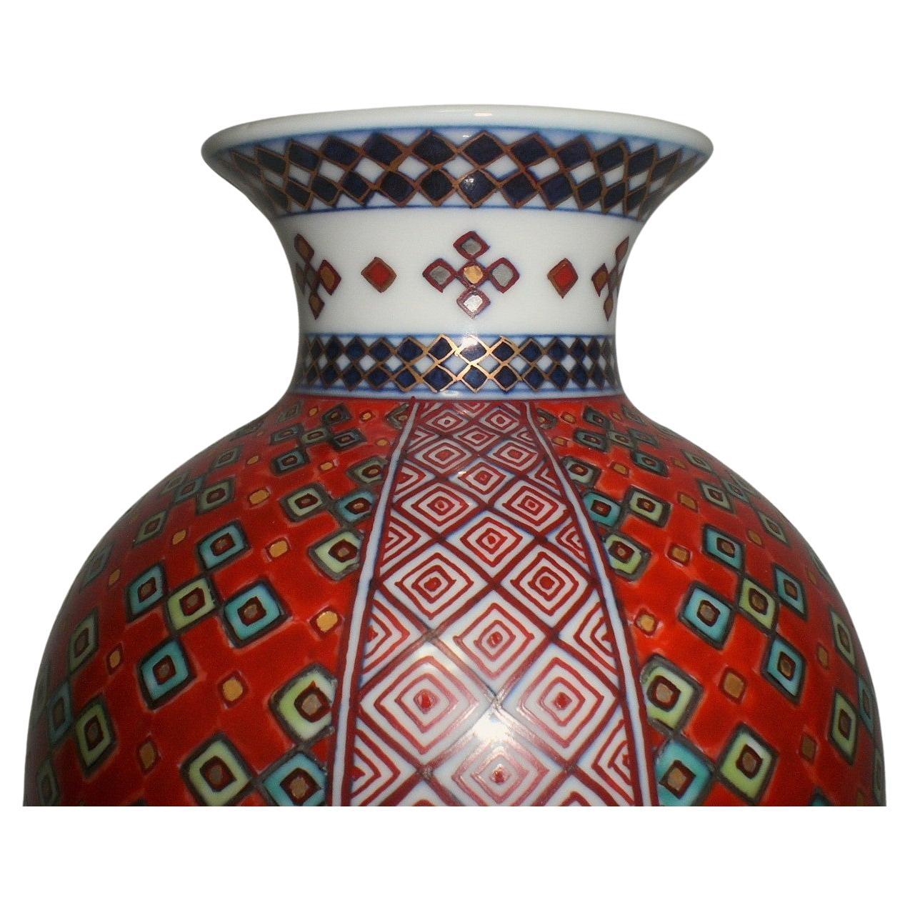 Hand-Painted Contemporary Japanese Gilded Red Blue Porcelain Vase by Master Artist For Sale