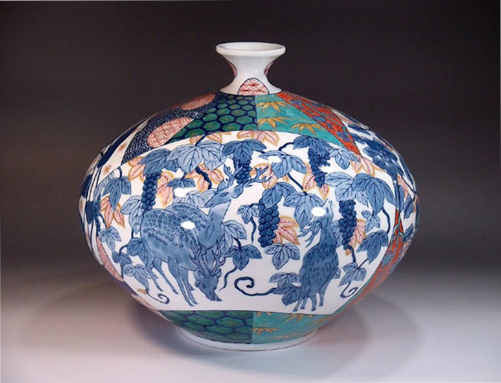 Meiji Contemporary Japanese Green Blue White Porcelain Vase by Master Artist, 2 For Sale
