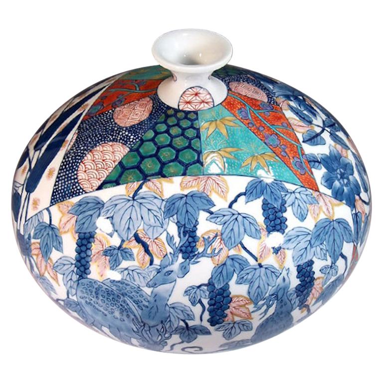 Contemporary Japanese Green Blue White Porcelain Vase by Master Artist, 2 For Sale