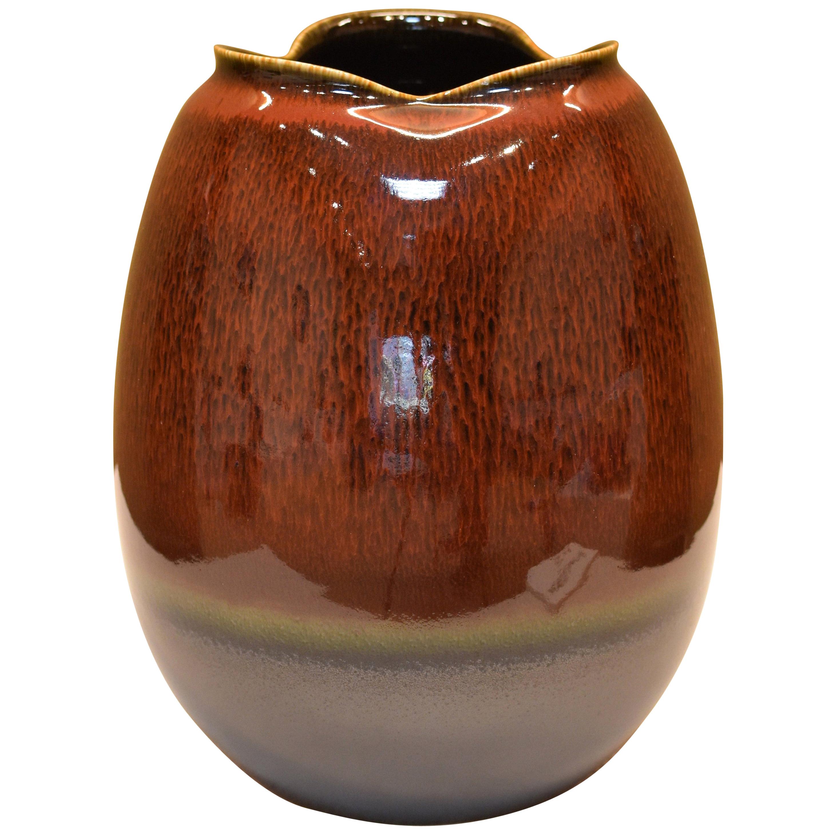 Japanese Brown Hand-Glazed Porcelain Vase by Master Artist