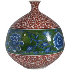 Contemporary Japanese Imari Red Blue Porcelain Vase by Master Artist