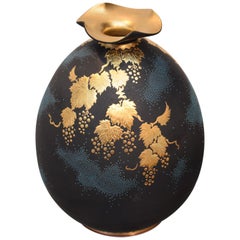 Contemporary Japanese Kutani Black Blue Gold Porcelain Vase by Master Artist