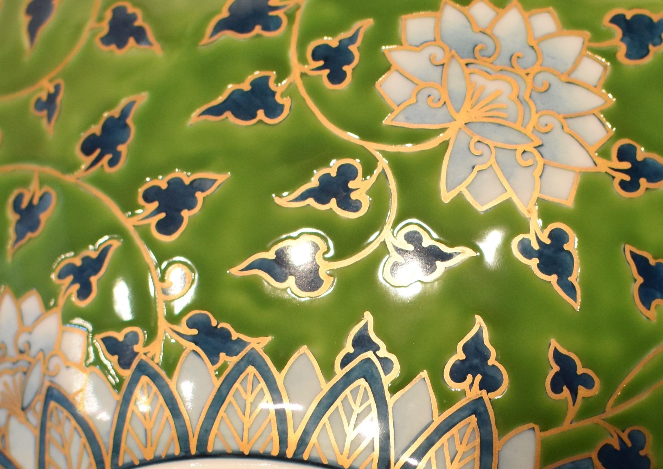 Gilt Large Gold Green Porcelain Vase by Contemporary Japanese Master Artist