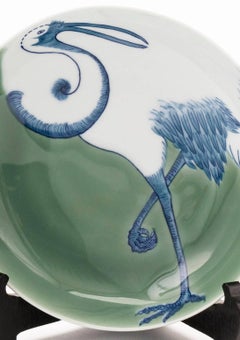Contemporary Japanese Nabeshima Porcelain Plate with Stylized Crane Design