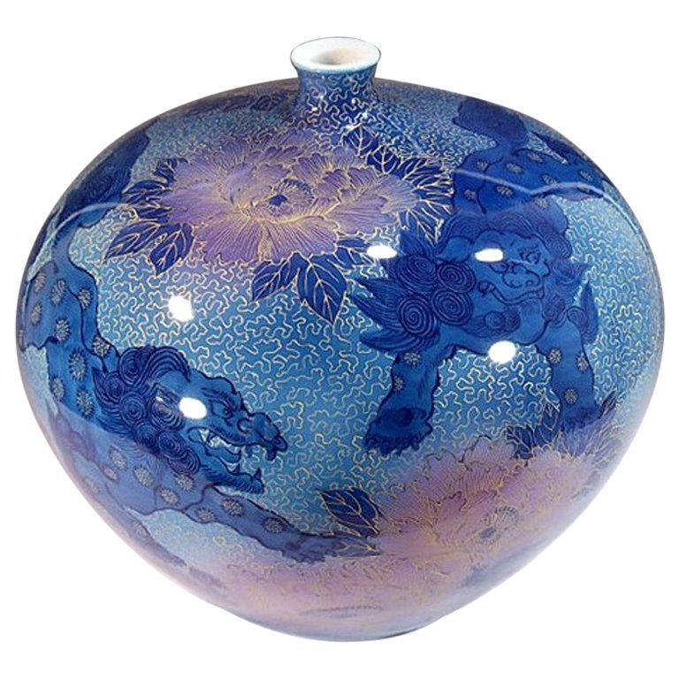 Hand-Painted Contemporary Japanese Pink Blue Gold Porcelain Vase by Master Artist, 2 For Sale