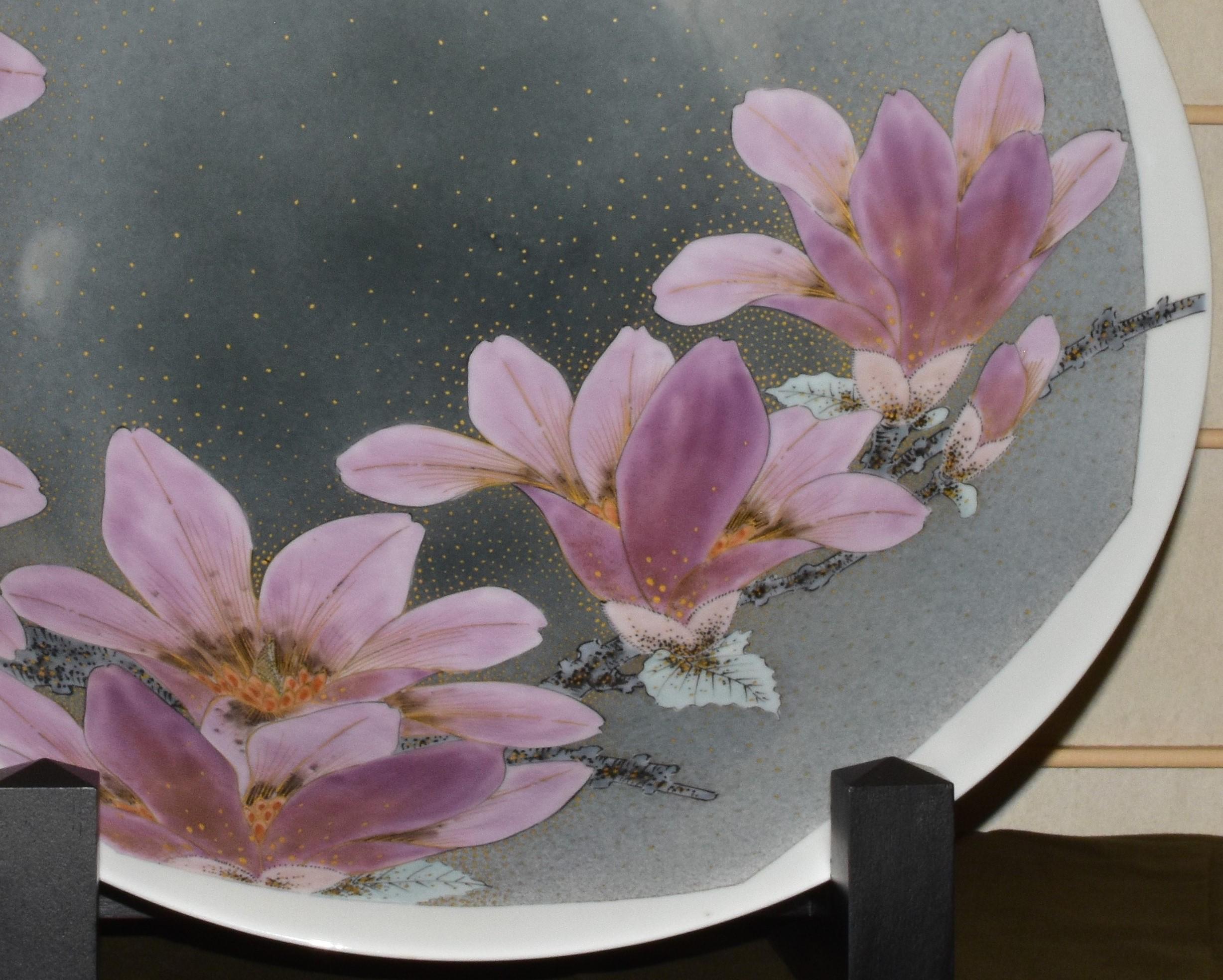 Hand-Painted Contemporary Japanese Pink Gray Porcelain Charger by Master Artist For Sale