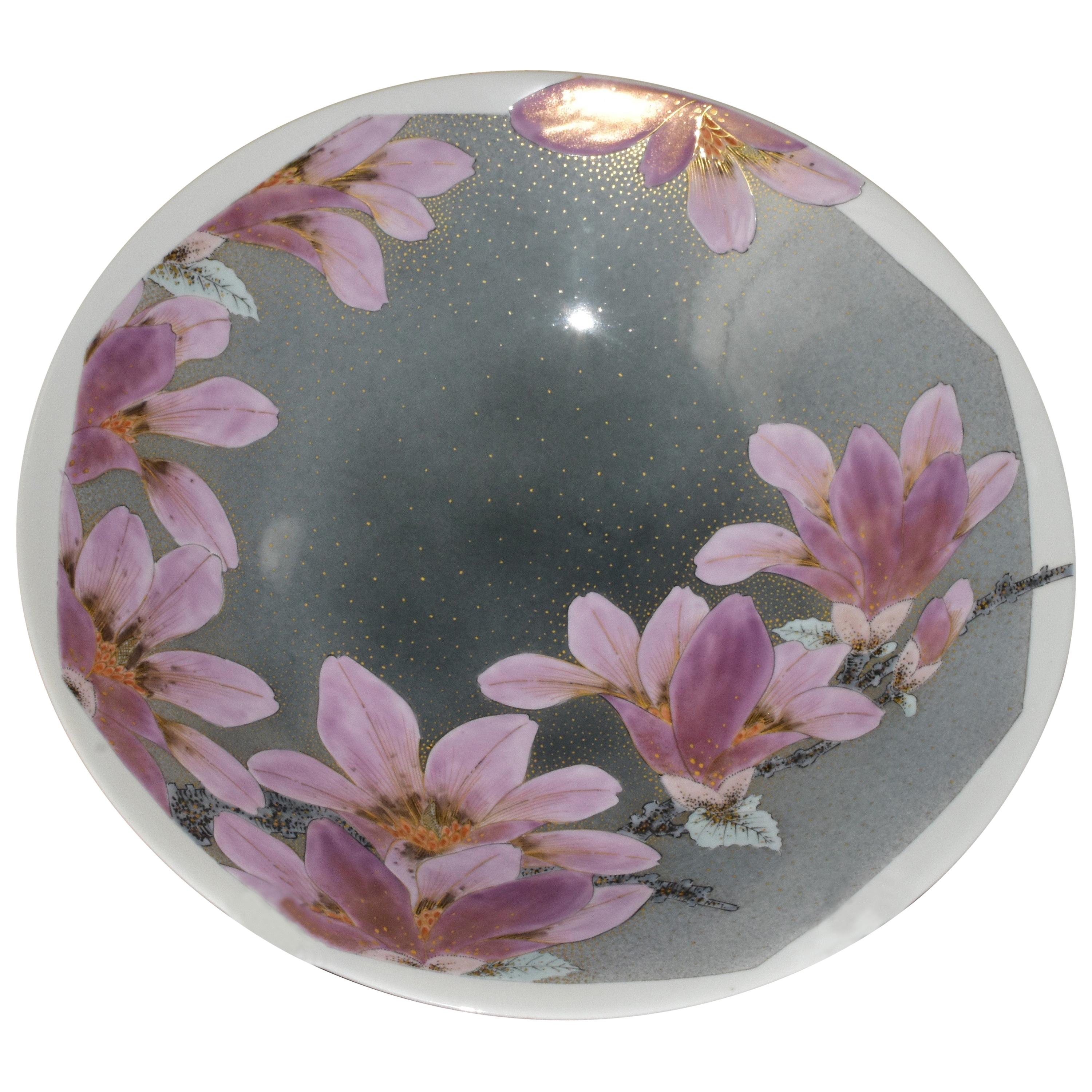 Contemporary Japanese Pink Gray Porcelain Charger by Master Artist For Sale