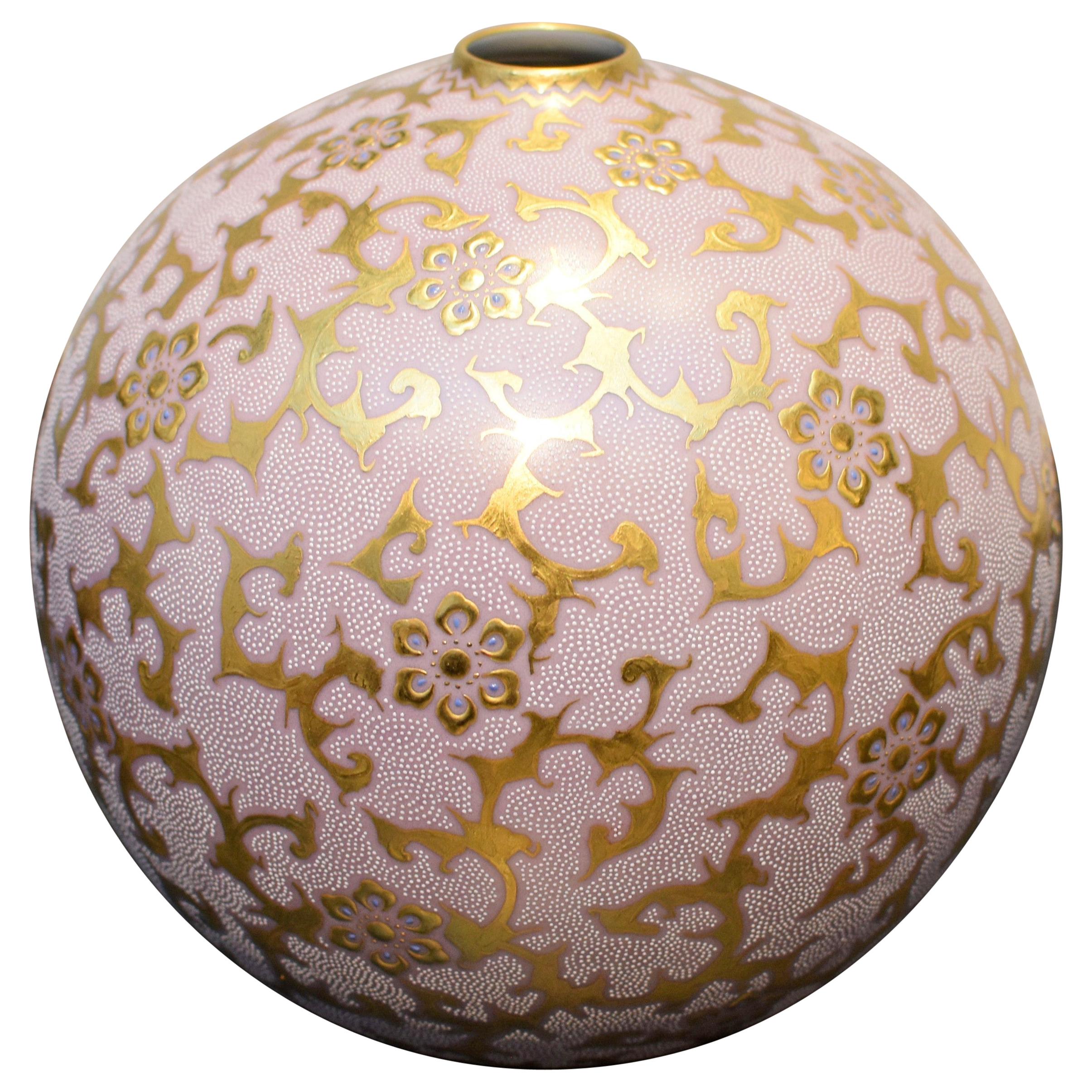 Contemporary Pink Pure Gold Porcelain Vase by Japanese Master Artist
