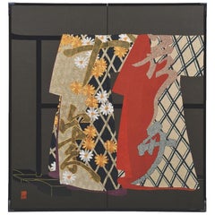 Contemporary Japanese Red Black Gilded Silk Folding Screen