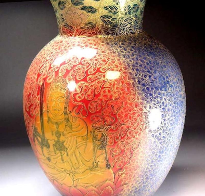 Hand-Painted Contemporary Japanese Gold Red Green Blue Porcelain Vase by Master Artist For Sale