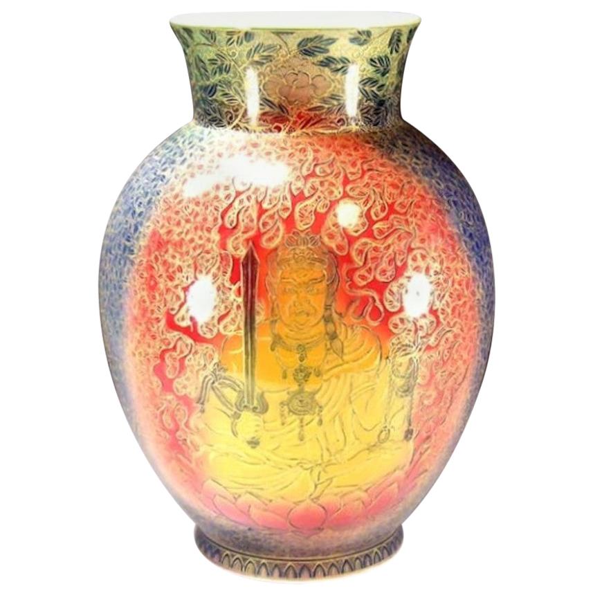 Contemporary Japanese Gold Red Green Blue Porcelain Vase by Master Artist For Sale