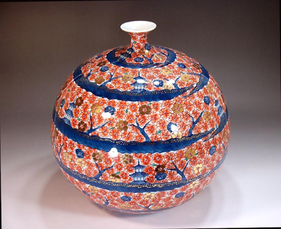 Hand-Painted Japanese Contemporary Red Gold Blue Porcelain Vase by Master Artist For Sale