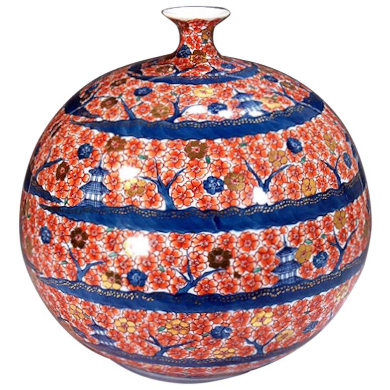 Japanese Contemporary Red Gold Blue Porcelain Vase by Master Artist