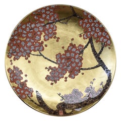 Contemporary Japanese Red Brown Gold Leaf Porcelain Charger by Master Artist