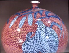 Vaso contemporaneo giapponese in porcellana rosso oro blu del maestro artista, 4