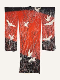 Contemporary Japanese Silk Kimono with Cranes on Red Sunset