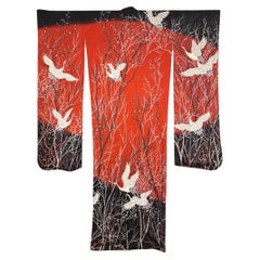 Contemporary Japanese Silk Kimono with Cranes on Red Sunset
