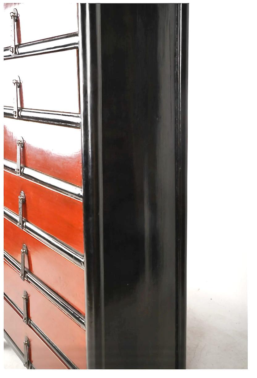 Wrought Iron Contemporary Japanese Temple-Form Tall Lacquered Chest For Sale
