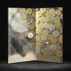 Contemporary Japanese Two-Panel Screen with Crocodile and Water Lilies