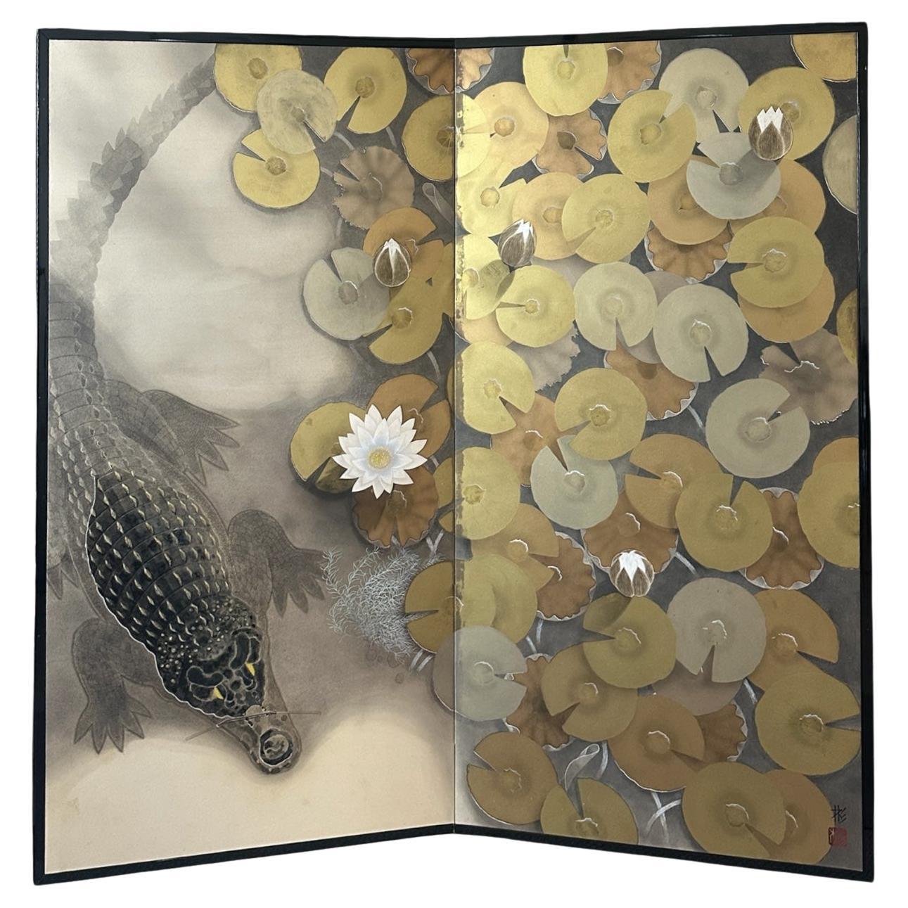 Contemporary Japanese Two-Panel Screen with Crocodile and Water Lilies For Sale