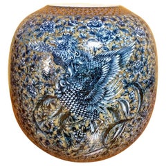 Contemporary Japanese Yellow Blue Gold Ko-Imari Porcelain Vase by Master Artist