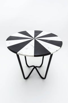 Contemporary Jasmine Pizza Monochrome Marble Side Table with Black Metal Legs