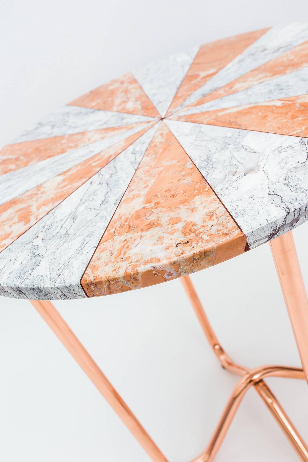 Arts and Crafts Contemporary Jasmine Pizza Pink Marble Side Table with Polished Copper Legs For Sale