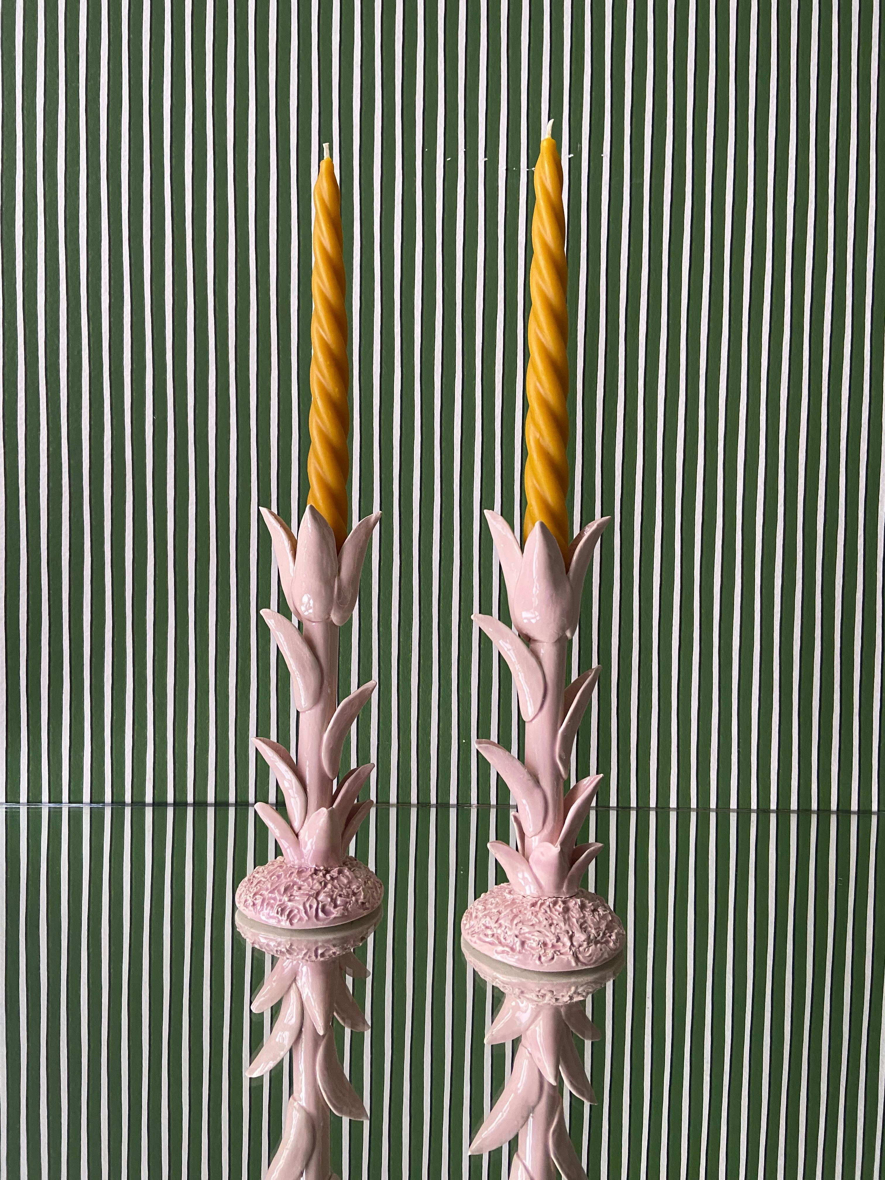 Contemporary Jean Roger Ceramic Candlesticks in Pink Glaze, France 1