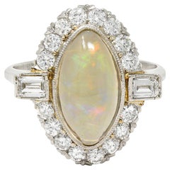Contemporary Jelly Opal Diamond Platinum Navette Cluster Ring
