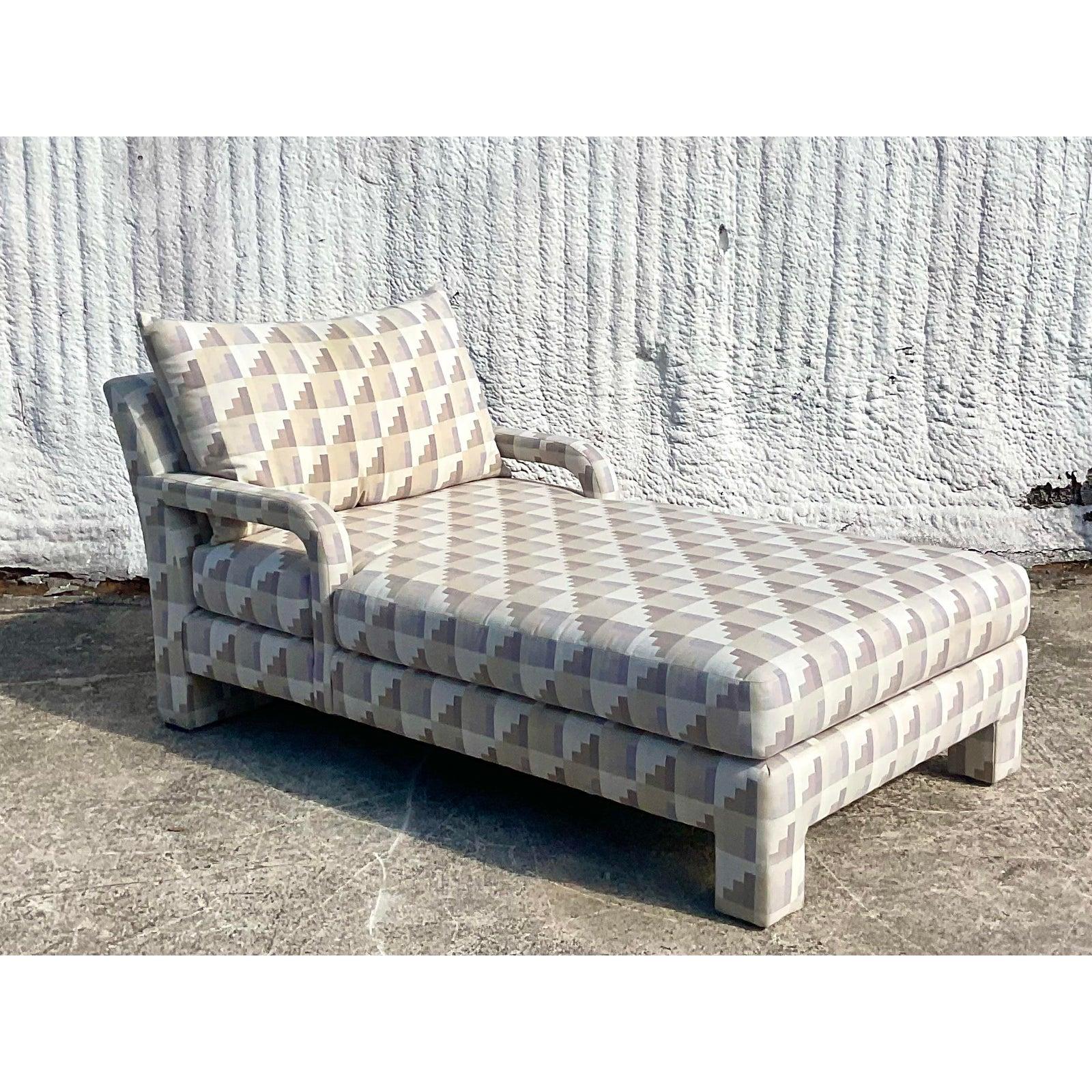 Fantastic vintage John Mascheroni chaise lounge. Done for the iconic Swaim group. Beautiful wide seats which chic open arms. Just the most beautiful shape. Acquired from a Palm Beach estate.