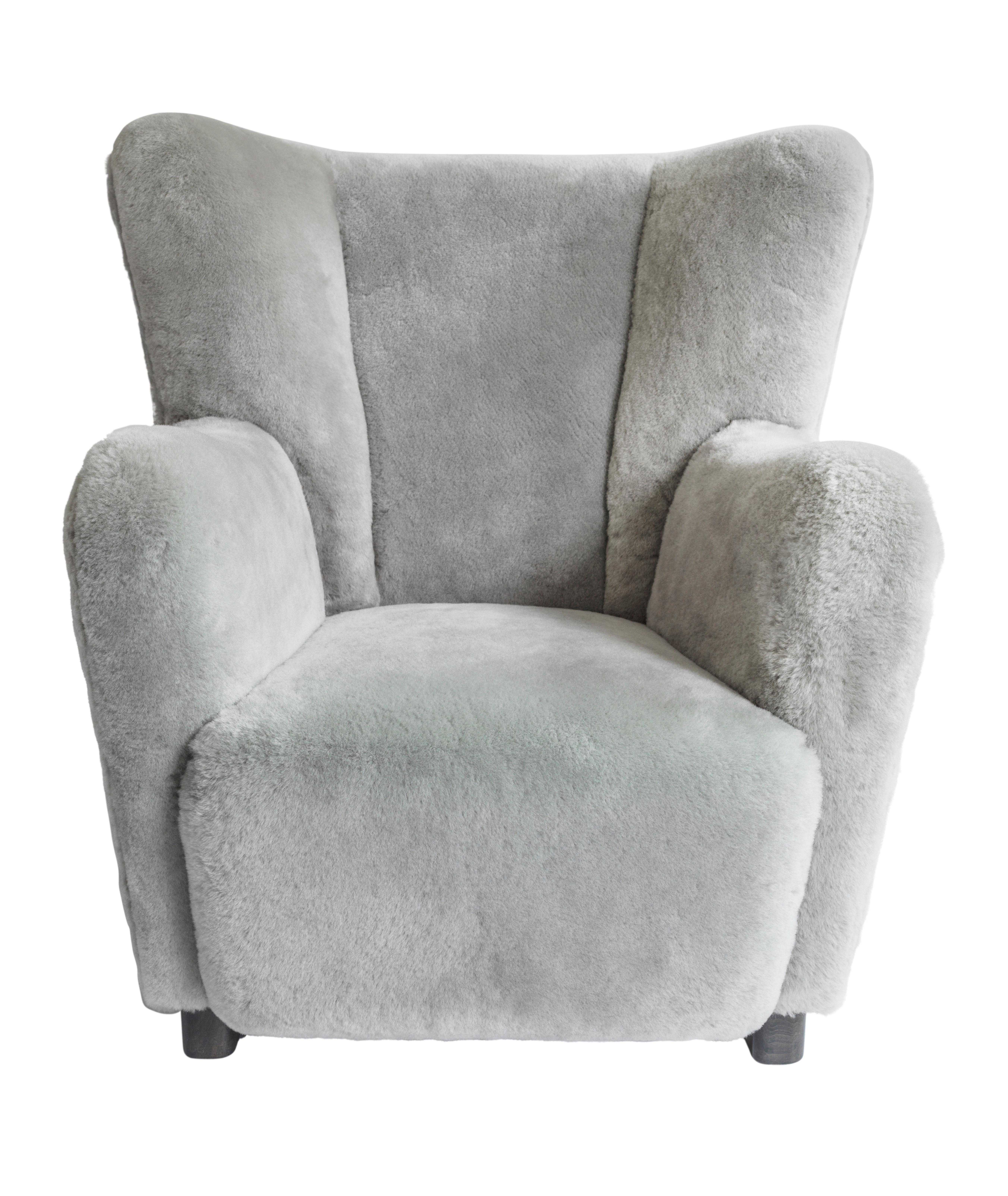 Modern Contemporary Jolene Armchair in Grey Sheepskin Midcentury Scandinavian Inspired For Sale
