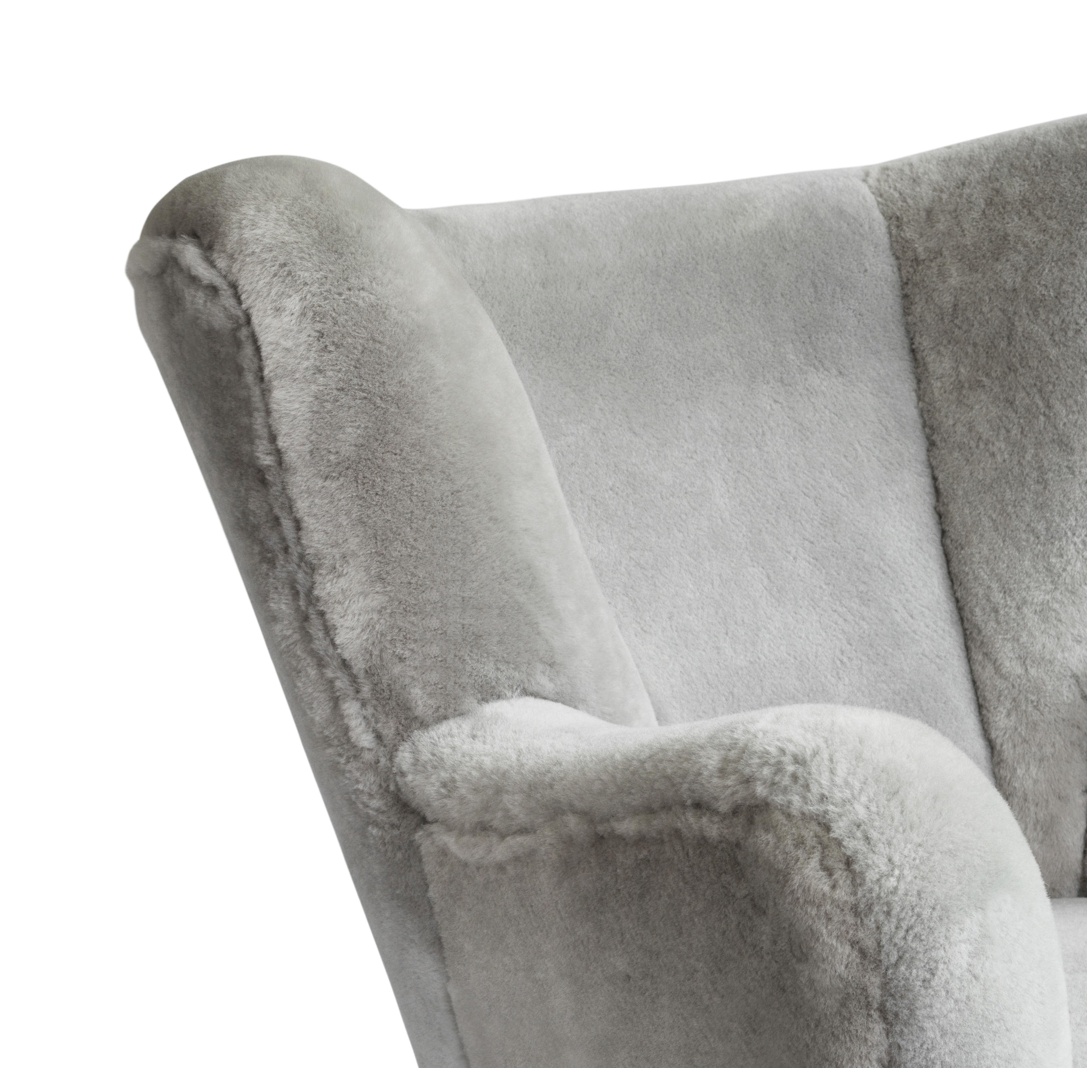 Carved Contemporary Jolene Armchair in Grey Sheepskin Midcentury Scandinavian Inspired For Sale