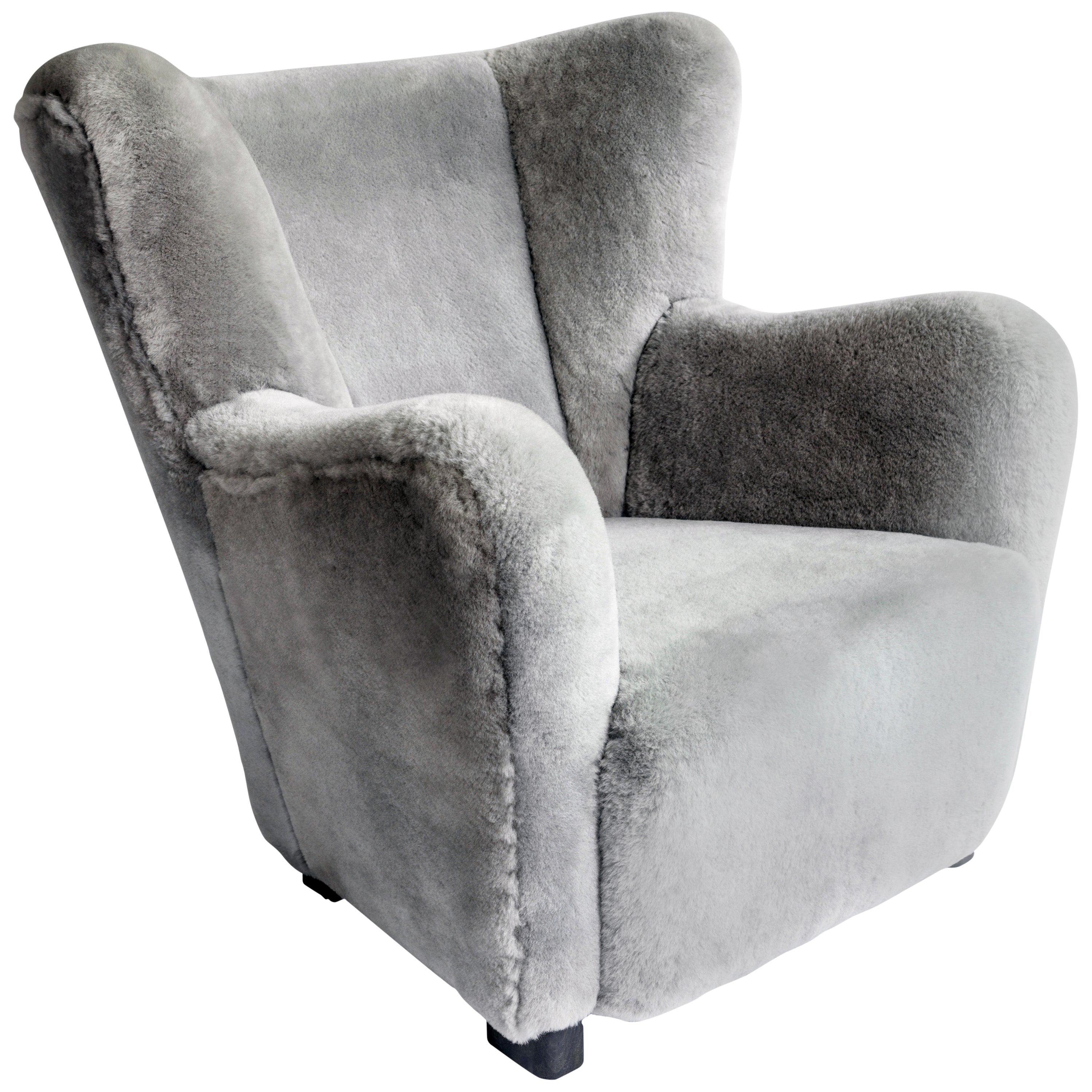 Contemporary Jolene Armchair in Grey Sheepskin Midcentury Scandinavian Inspired For Sale